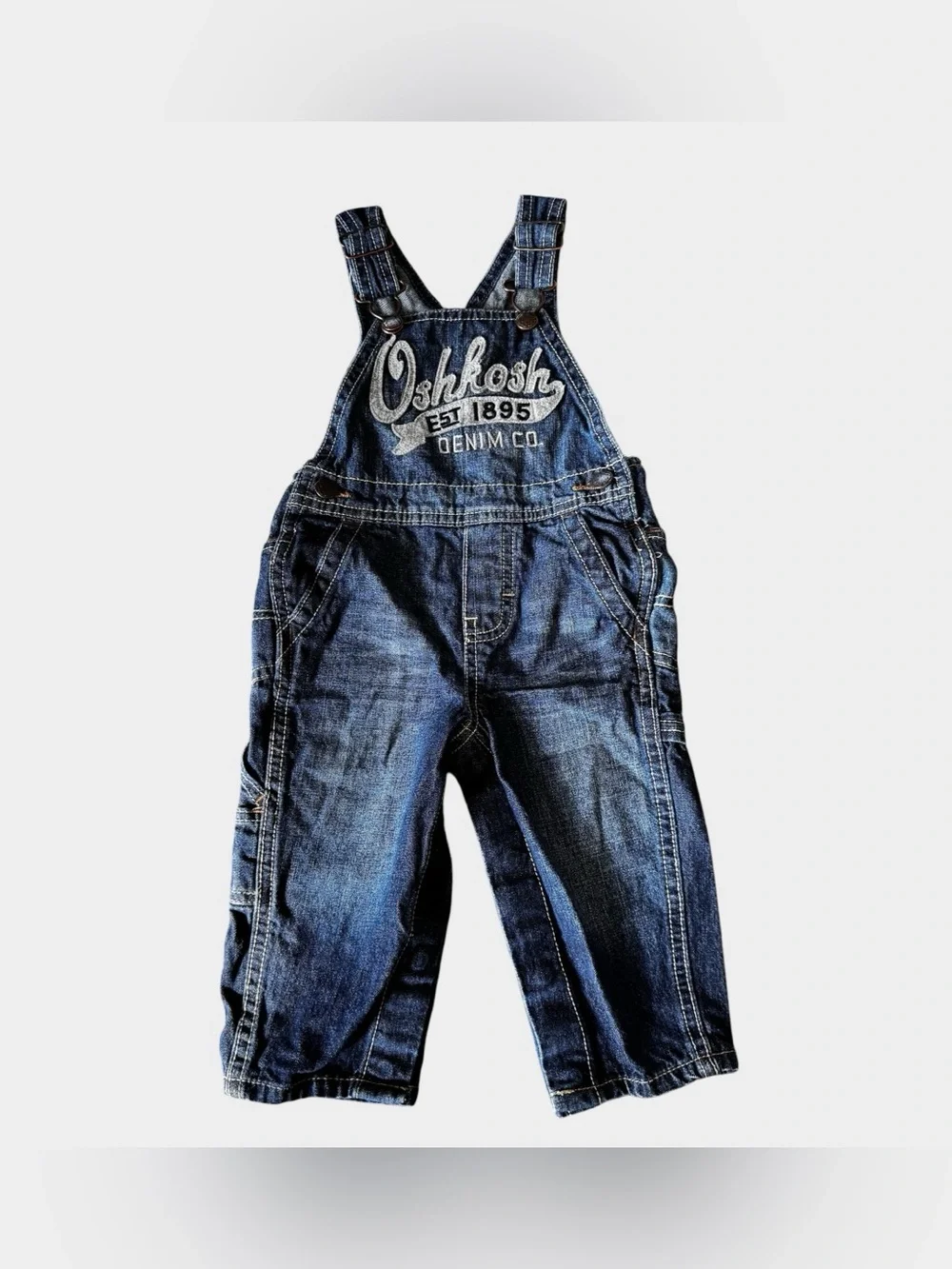 OshKosh B'gosh Blue Denim Jean Overalls Baby Boy 9-12M Western Embroidered Logo